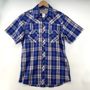 Wrangler Wrancher Shirt Men Sz LT Short Sleeve Western Pearl Snap Plaid Blue